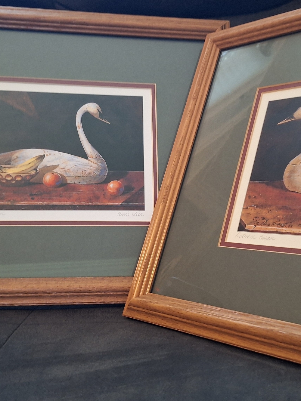 Framed Swan Art Prints Pair of Vintage Framed Wooden Swan Still Life Art